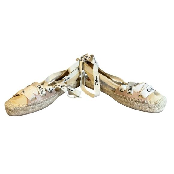 Chloe Beige/White Leather Canvas Espadrille Ankle Wrap Ingrid Flats sz 37/6.5 - Picture 10 of 13
